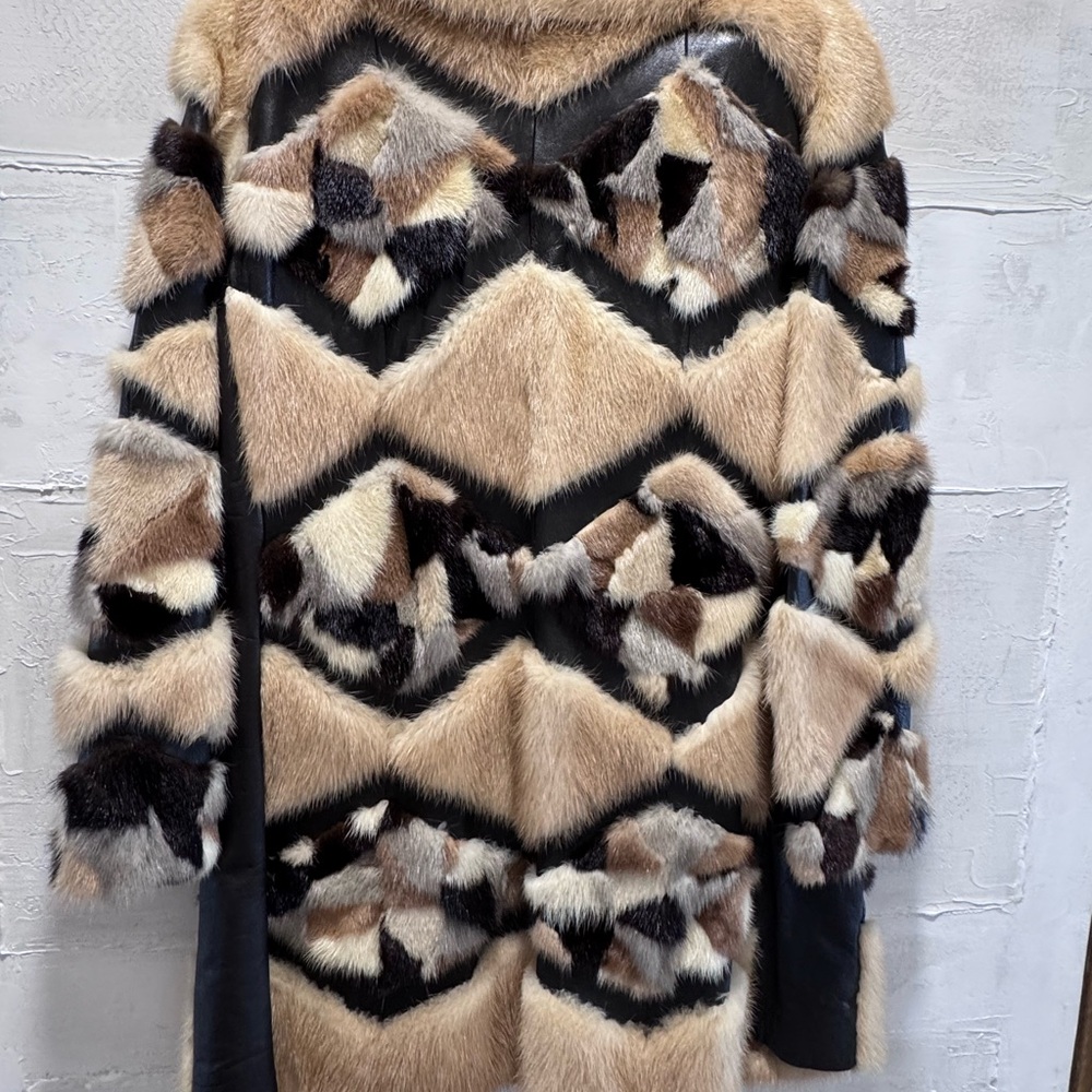 Vintage Mink Fur Patchwork Coat Leather Chevron Luxe Statement Jacket M - Picture 6 of 11
